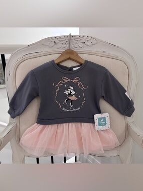 🤍 6~9 Mth Disney Grey Sweatshirt Dress with Pink Tulle Tutu NWT